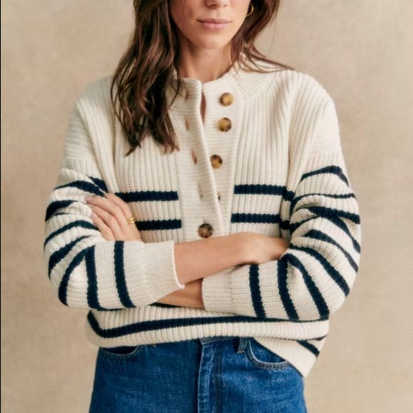 Sezane Sweaters - Sézane Lucas Jumper in Ecru/Navy Size L
